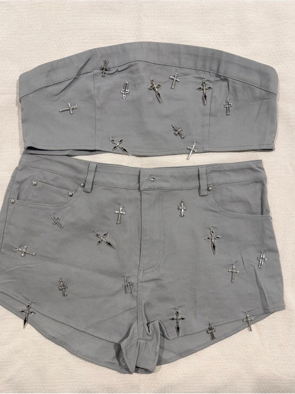 Fashion Nova Gray Embellished Denim Shorts & Bandeau Set